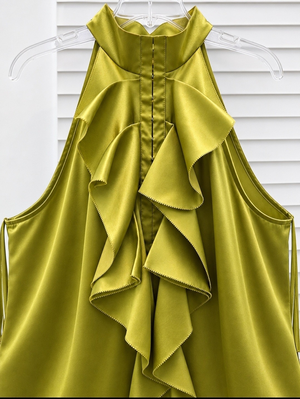 ANTONIO MELANI One-Shoulder Ruffled Satin Top in Olive Green
